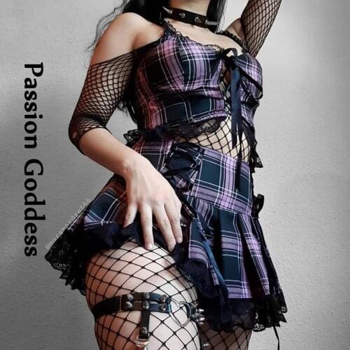Harajuku Women Pink Plaid Skirts High Waist Lace Ruffled Skirts Gothic Cross Split Bandage Skirt College Cute Pleated Lace Skirt