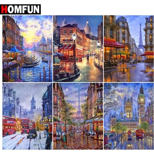 HOMFUN Full Diamond Embroidery "Street house" Diamond Painting Cross Stitch Patterns Rhinestone Unfinished Home Decor