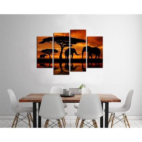 Canvas Wall Art Elephant Painting African Sunset Nature Canvas Prints Large 4 Pieces Canvas Art African Landscape Drop shipping