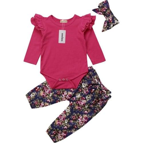 3pcs Baby Girls Ruffle Romper Top+Floral Pants+Headband Outfits Newborn Kid autumn Winter Cotton Clothes Set Infant Clothing Set