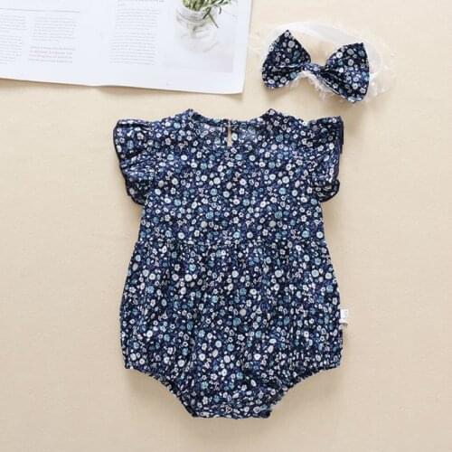 Summer New Baby Girl Rompers 2pcs Set Floral Flying Sleeve Romper+headhand Baby One-Piece Crawling Clothes Baby Outdoor Clothing