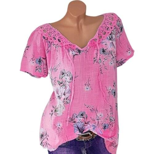Summer Women Tshirt Plus Size Short Sleeve Flower Print Lace Crochet Female T Shirt V Neck Bandage Pullover Office Lady T-shirts