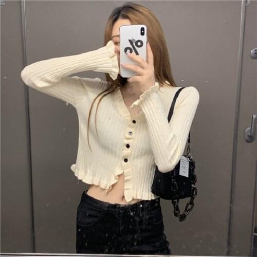 Fashion Solid Wood Ear Edge Long Sleeve Knit Cardigan Womens Autumn Slim V-neck Casual Shirt Crop Tops Single Breasted Street
