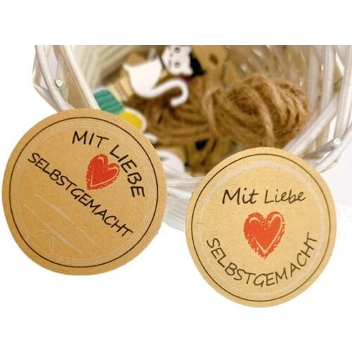 100pcs/lot round kraft paper MIT LIEBE SELBSTGEMACHT red love sealing stickers business party wedding holiday baking stickers