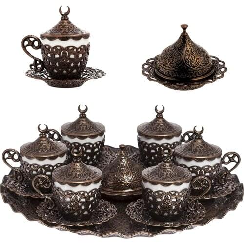 Handmade authentic Design Turkish Greek Arabic Coffee Espresso Set for 6 Service, Cups Saucers Lids Tray Delight Candy Dish GIFT
