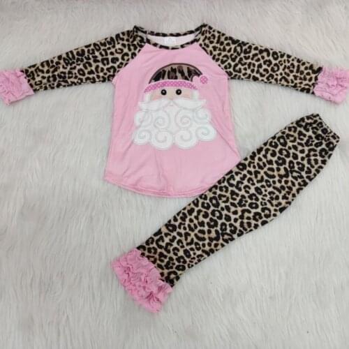 RTS Christmas kids clothes icing long sleeve raglan top leopard santa pink outfits baby girls toddler boutique outfits clothing