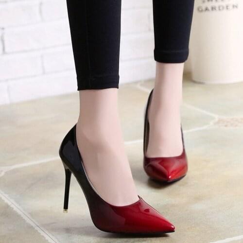 Shadow Women Shoes Pointed Toe Pumps Patent Leather Dress Wine Red 10CM High Heels Boat Shoes Wedding Shoes Zapatos Mujer 34-42