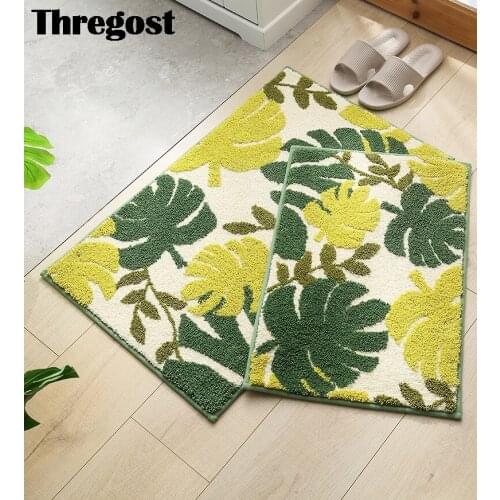 Thregost Modern Door Mat Pastoral Leaves Jacquard Non Slip Shower Mats Water Absorption Rugs Washable Bath Rug Toilet Carpet
