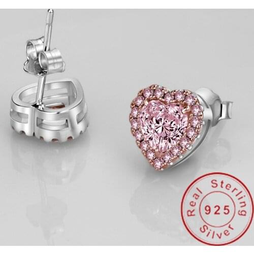 Trendy Heart Pink Gemstone Stud Earring 100% Real 925 sterling silver Jewelry Engagement Wedding Earrings for Women Bridal