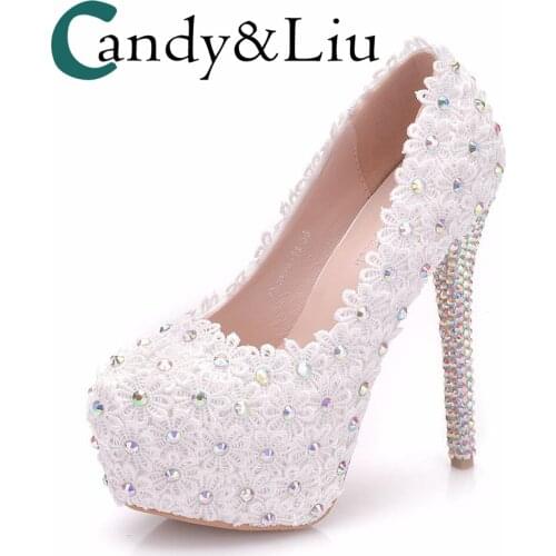 White Lace Super High Heel Wedding Shoes Colorful Sequin Round Toe Slip-on Women Pumps with Platform for Party Banquet Crystal