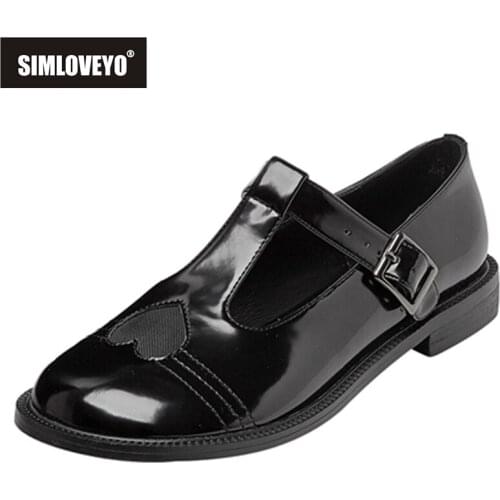 SIMLOVEYO New 2021 Women Flat Shoes Round Toe Genuine Leather Buckle Heart Sweet Cute Vintage Soft Comfy Big Size 34-43 B2432