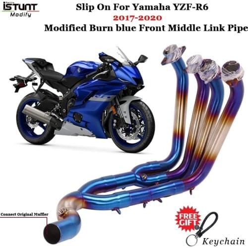Motorcycle Exhaust System Escape Modified Burn Blue Stainless Steel Front Middle Link Pipe For Yamaha YZF-R6 r6 2017 - 2020