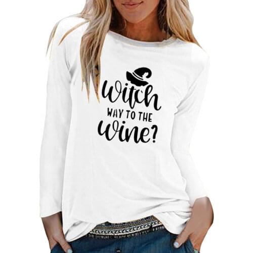 Witch Way To The Wine Print Halloween Long Sleeve T-shirts Women Autumn Winter Graphic Tees Aesthetic White O Neck Woman Tshirt
