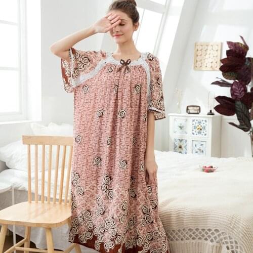 Womens Nightdress Summer Short Sleeve Cotton Oversized Long Dress пижама Nightdress Home Dress Loose Lace Print Nightdress