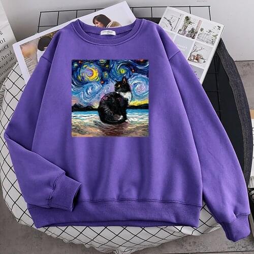 Cat Starry Sky Universe Printing Womens Sweatshirt Simple S-XXL Hooded Street High Quality Hoodies Hip Hop Casual Mens Tops