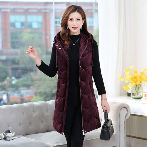Woman Long Solid Color Vest Female Sleeveless Pockets Waistcoats Ladies Warm Cotton Padded Lining Hooded Outerwear Clothing Q67