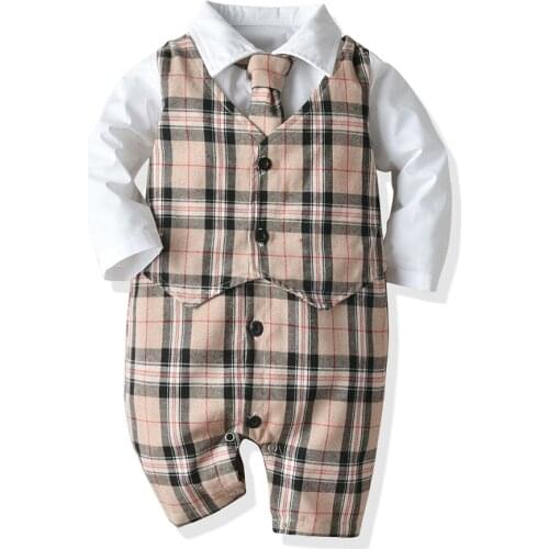 Tem Doger Cotton baby Toddler Fake Two-piece Fashion Plaid Long-Sleeved Shirt tie Shorts Romper Suitable For Parties Wedding