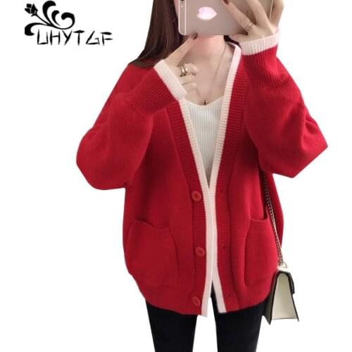 UHYTGF womens student spring autumn sweater coat 2019 New Cardigan knit sweater jacket Lantern Sleeve Loose Female Sweater 1216