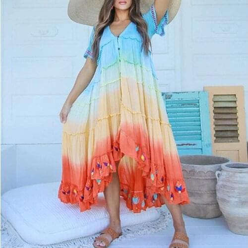 2021 Summer Dress Colorful Butterfly Print Single-breasted Patchwork Hem Ruffled Long Fashionable Bohemian Dress Elegant Dress