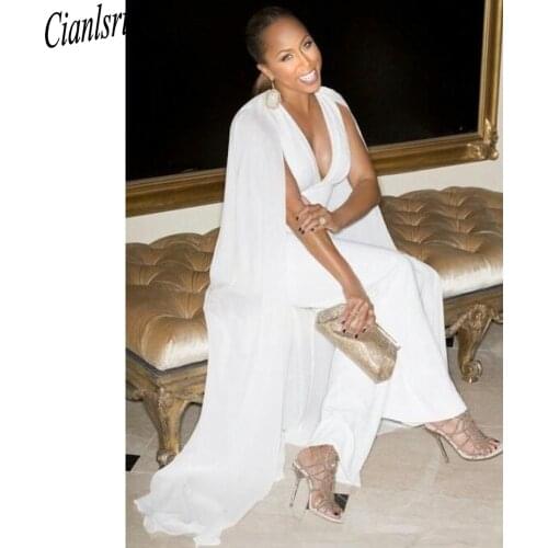 2022 Pants Suits Evening Dresses with Long Wrap Shawl Sexy Deep V Neck Jumpsuit Party Dresses Formal Prom Gowns