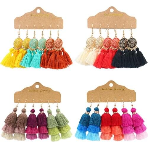 3 pair/Set earrings Bohemian Colored Cotton Tassel Earrings Pagoda fan Dangling Earrings Eardrop Fashion Jewelry 2021