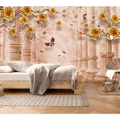 3D Wallpaper Home Decor Living Room Wall Covering Personality Wall Mural Painting Roman Column Golden Flowers Photo Wall Paper