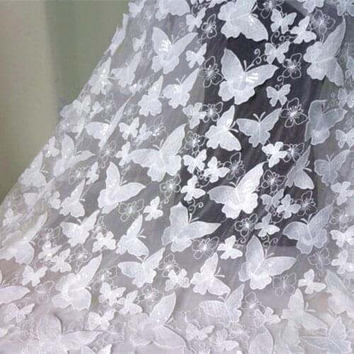 53.1" Wide 3D Tulle Butterfly Fabric Wedding Reception White Embroidery Lace Fabric With Sequins For Lace Accessories