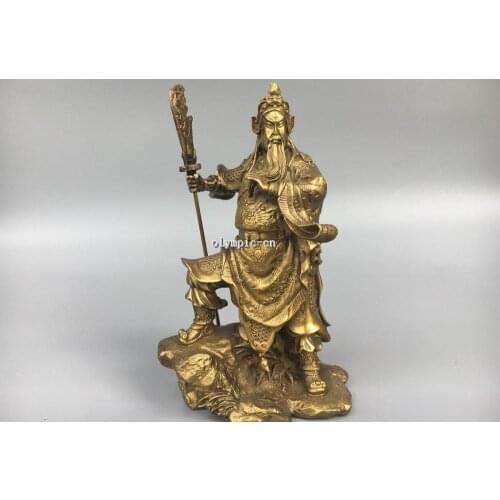 9''Classica Brass carved Dragon figure chinese Martial god Guan Gong statue