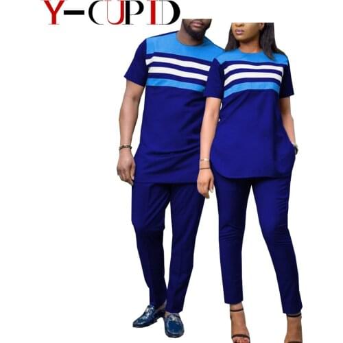 African Clothes for Couples Casual Women Wax Top Shirt and Pants Sets Matching Men Outfits Bazin Riche 2 Pieces Sets YA19C001