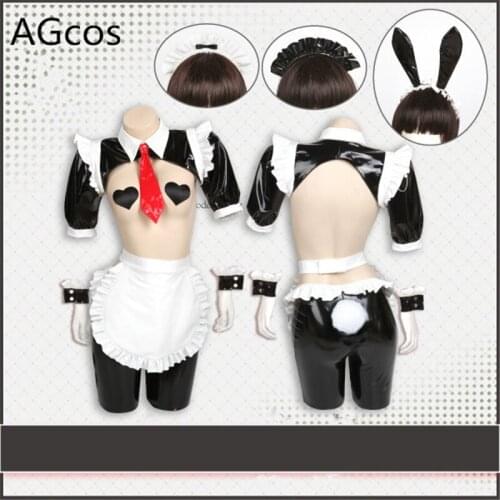 AGCOS Maid Inverse Rabbit Patent Leather Bikini Swimsuits Bunny Girl Woman Sexy Lingeries Swimwear Cosplay Costume