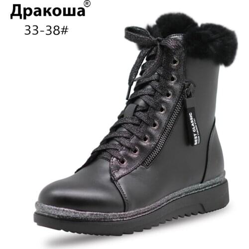 Apakowa Girls Winter Boots Genuine Leather Solid Black Snow Warm Boots Kids with Wool Fur Lined Waterproof Christmas Day Shoes
