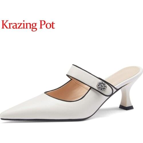Krazing pot big size genuine leather pointed toe high heels metal fasteners party young lady slip on mules sandals women L2f1