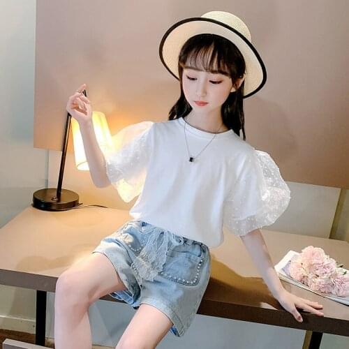 Children sets 2021 summer new teenage girl puff sleeve top and lace denim shorts 2pcs suits kids clothing wholesale