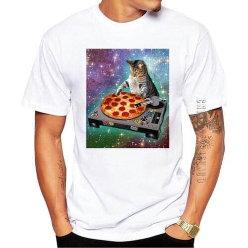 100% Cotton Fashion Space Cat Men T-Shirt O Neck Casual Tops Pizza Cat Printed Summer Graphic Tshirt Funny Tees