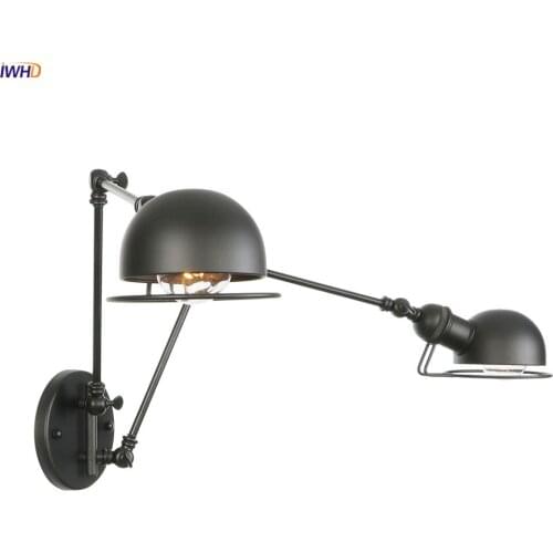 IWHD 2 Heads Antique Black Wall Lamp Vintage Bedroom Porch Stair Arm Loft Decor Industrial Wall Light Sconce LED Applique Murale