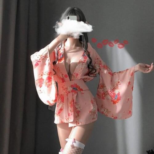 Pink Japanese Kimono Sexy Cosplay Outfit for Women Traditional Style Robe Yukata Costumes Pajamas Soft Silk Belt 2pcs Set