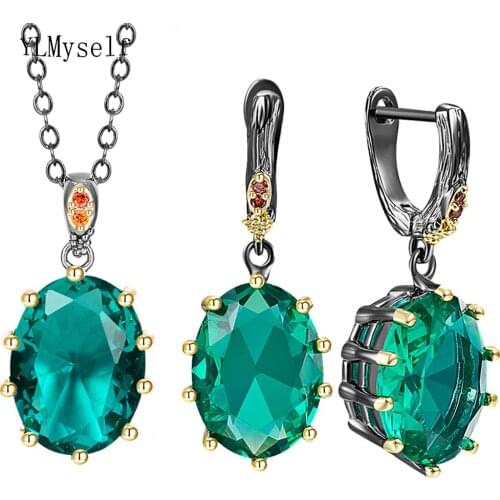 2PCS Sets Necklace/Earrings With Big Oval Green Zircon Gun Black+Gold 2 Tone Plating Trendy Charming Jewelry For Women