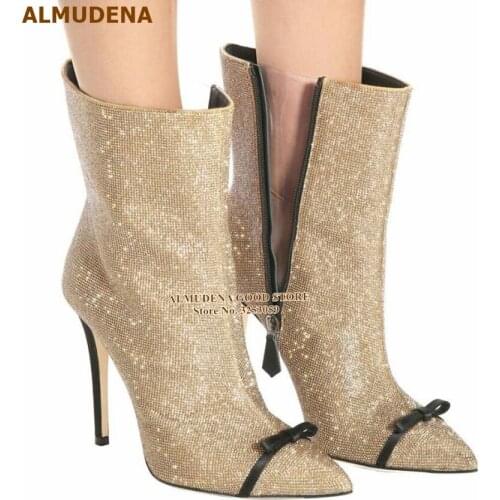 ALMUDENA Gold Silver Glitter Crystal Ankle Boots Black Bowtie Pointed Toe Short Booties Bling Bling Color Patchwork Dress Shoes