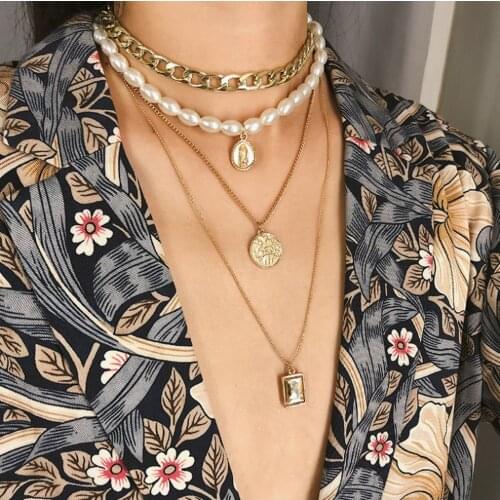 Multi layer necklace Punk Chunky mochain choker white plastic pearl strand chain square crystal old coin pendant women gift