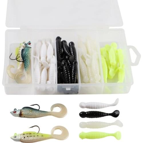 Fishing Soft Lures Set 60pcs Baits with Plastic 5-Grid Clear Box Wobbler Swimbait Artificial T-tail Bionic Baits for Carp/Bass