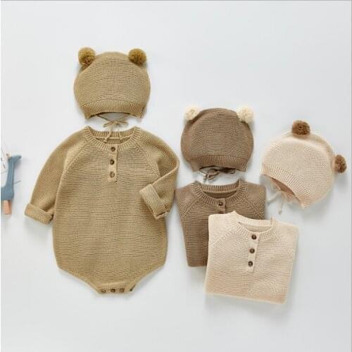 2021 new boys girls knitted rompers with hat cotton full sleeve autumn babys jumpsuit