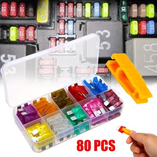New 80pcs 12V Standard Blade Car Truck Fuses 3A 5A 7.5A 10A 15A 20A 25A 30A 35A 40A Fuse Assorted Set with 1pc Puller