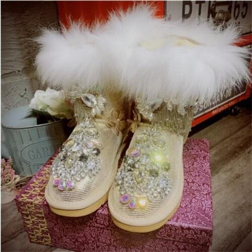 Autumn and winter cattle suede fox fur rhinestone round head flat bottom anti-skiing boots womens cotton shoes