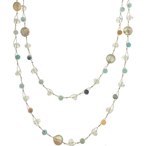 6mm Amazonite Necklace with Champagne Crystals Coin Pearls Long Trendy Jewelry For Women Girls Gifts 50 Inch