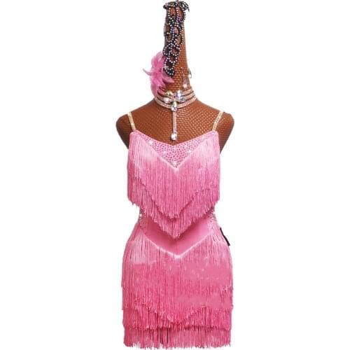 Latin Dance Competition Dress Performing Dress Adult Female Tassels Skirt Childrens Light Pink Skirt #LD0071