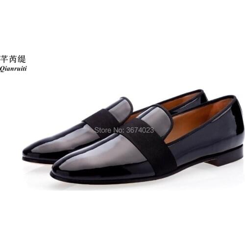 Qianruiti Black Patent Leather Loafers Gros Grain Band Flats Slip On Slippers Men Wedding Party Shoes Zapatos Hombre