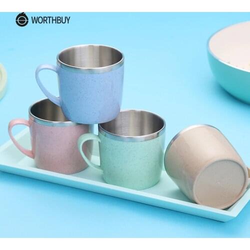 WORTHBUY Kids Water Cup 304 Stainless Steel Coffee Mug Tea Cup For Children Kitchen Drinkware Wheat Straw Tea Mug With Handle