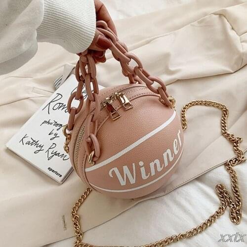Women Girl Basketball Round PU Leather Handbag Chain Shoulder Messenger Crossbody Bag Satchel Tote Purse