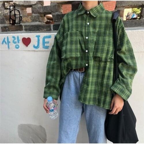 Luck A Women 2021 Autumn Green Plaid Turn Down Collar Shirts Female Casual Fashion Pocket Streetwear Lady Long Sleeve Blouse