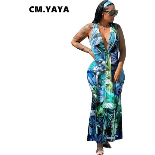 CM.YAYA Women Long Dress Print Sleeveless V-neck Stretchy Bodycon Maxi Dresses Sexy Fashion Vestidos Streetwear Summer Outfits